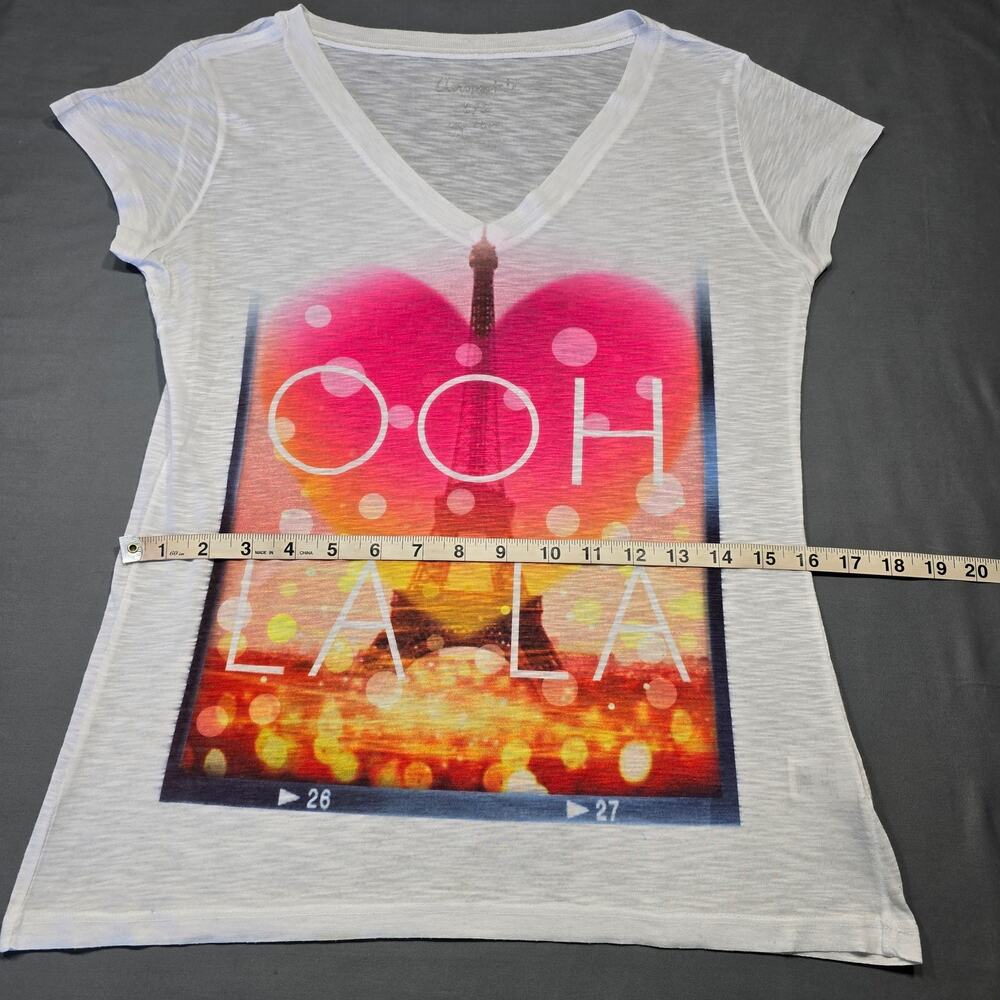 Aeropostale White Eiffel Tower Printed Shirt Classic Tee Women Size L Cap Sleeve - Picture 9 of 11